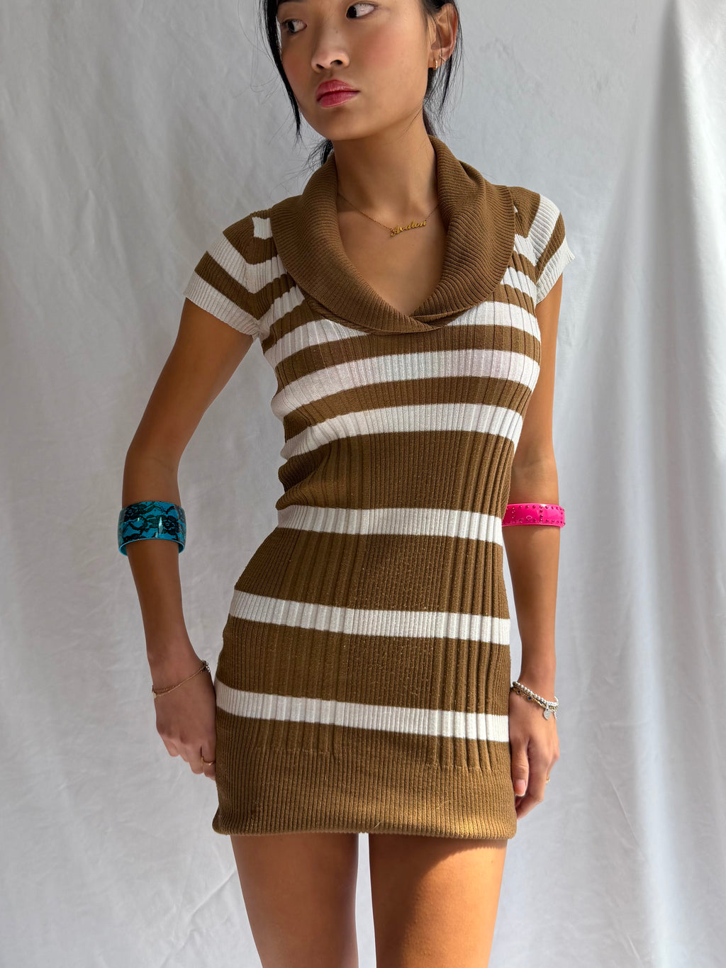Vintage brown striped sweater mini dress