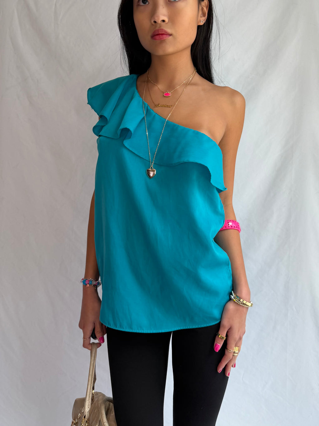 vintage blue one shoulder ruffle top ⋆˙⟡