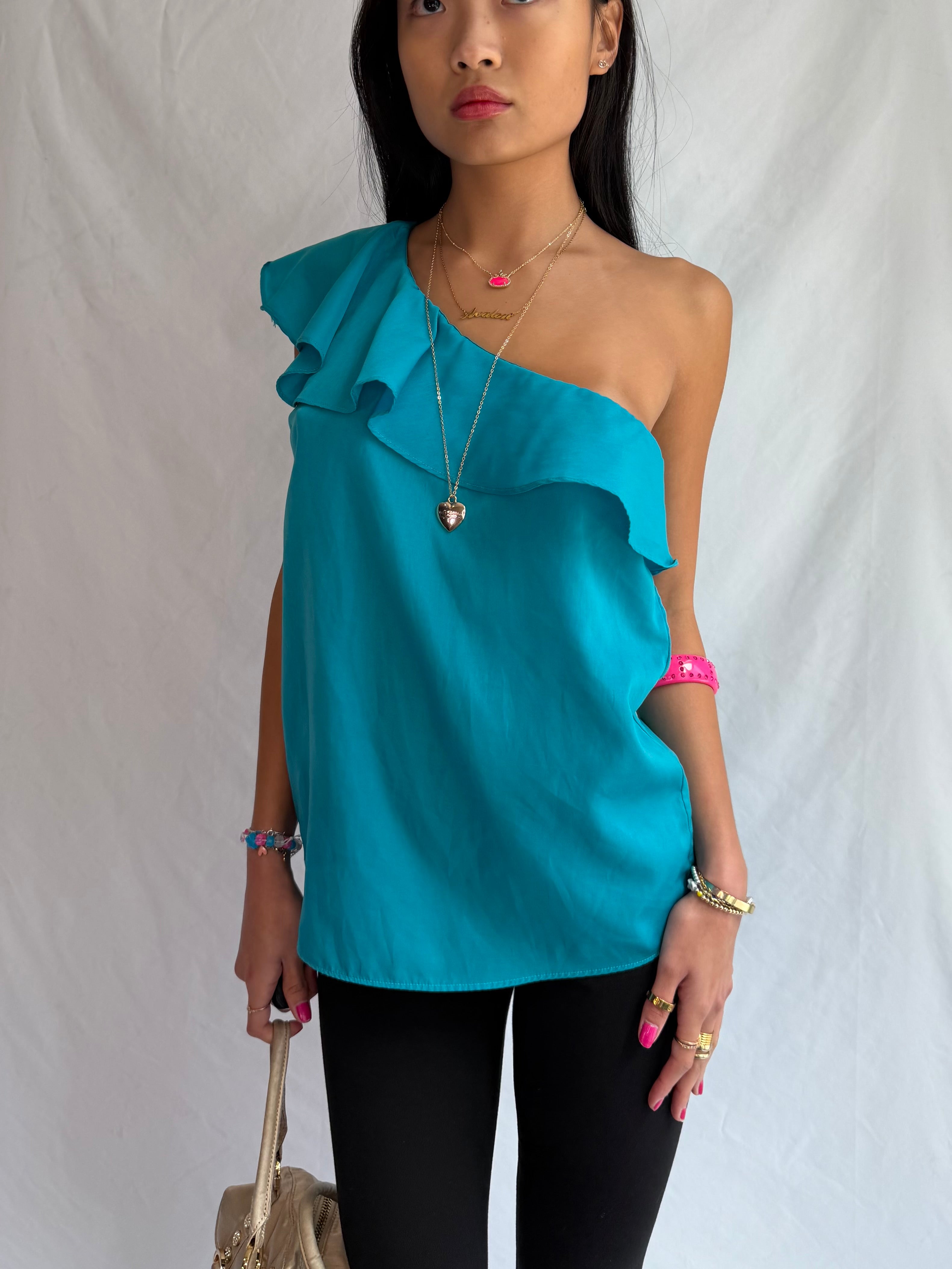 vintage blue one shoulder ruffle top ⋆˙⟡