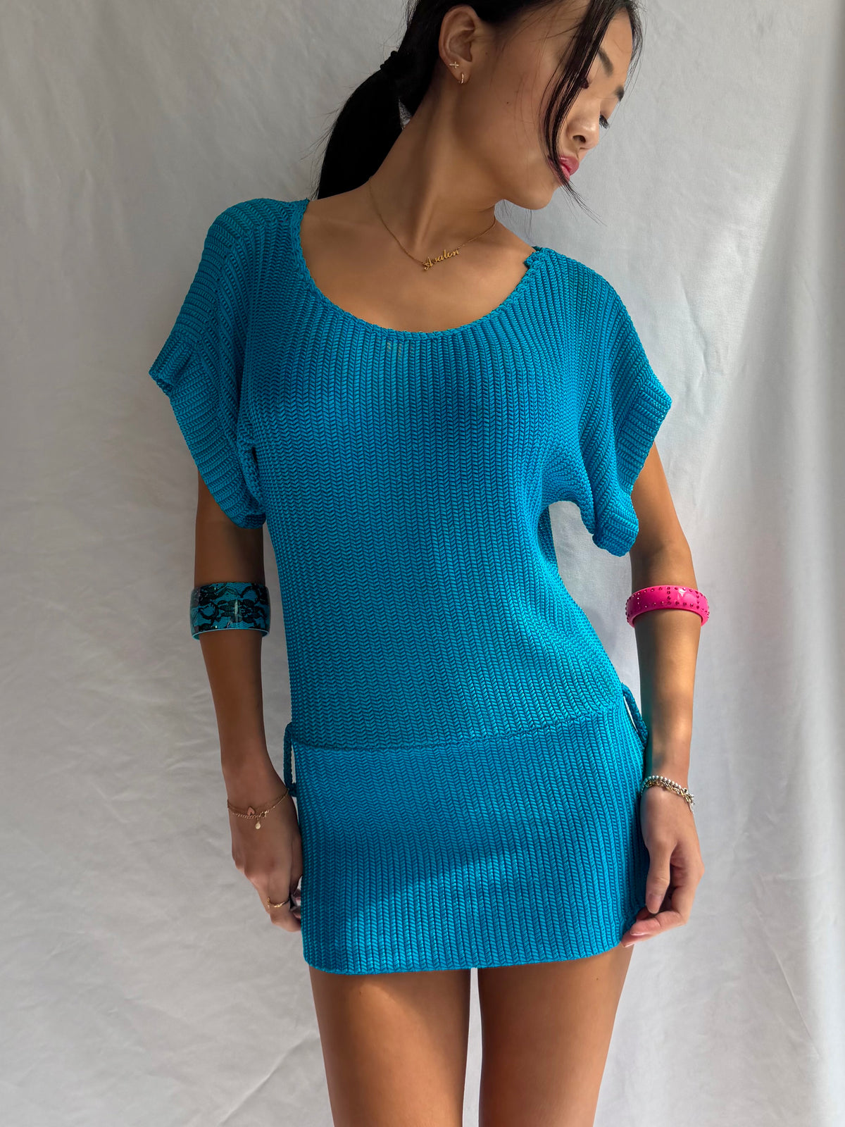 Vintage teal crochet sweater mini dress