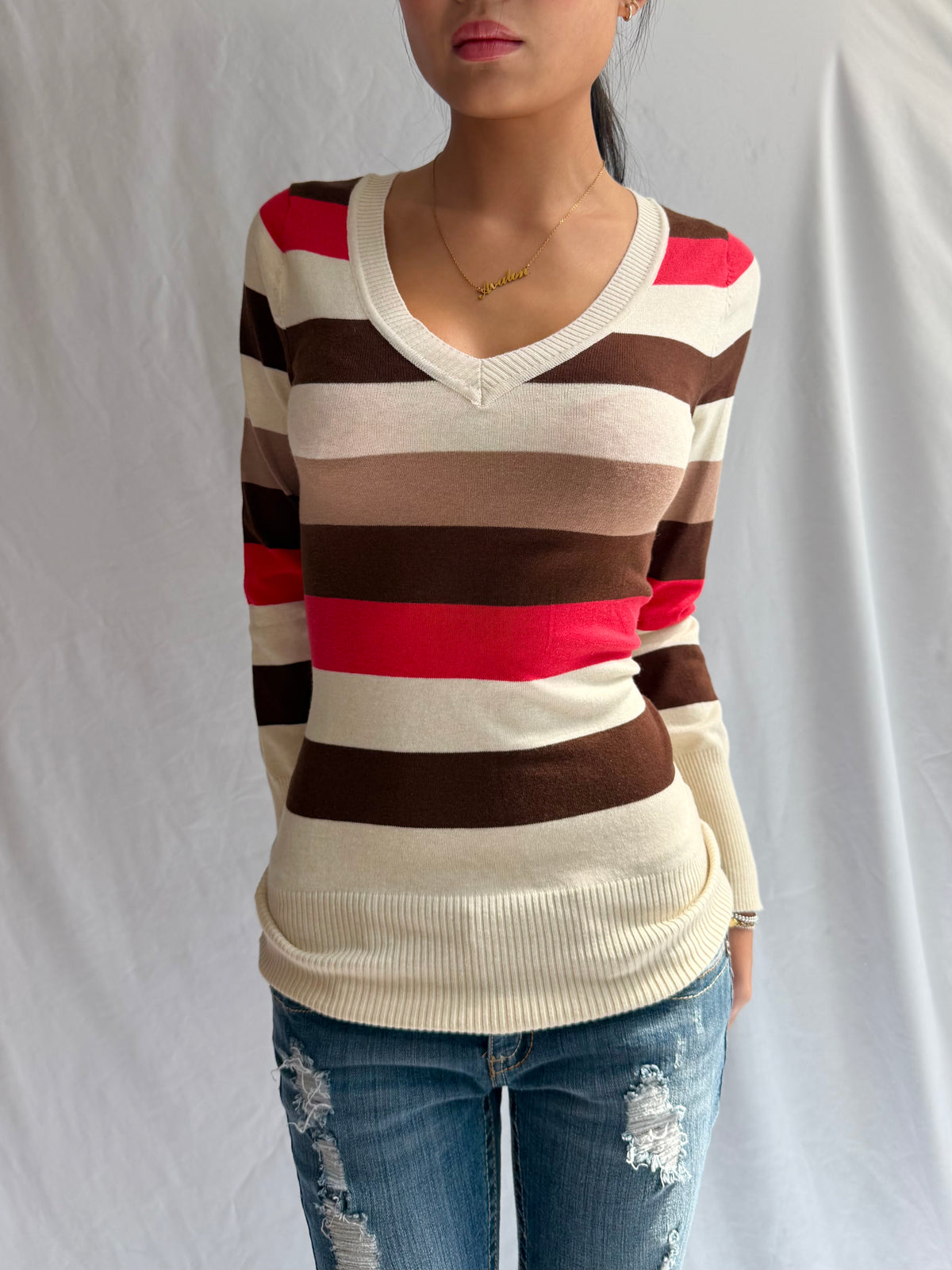 Vintage brown striped fitted sweater