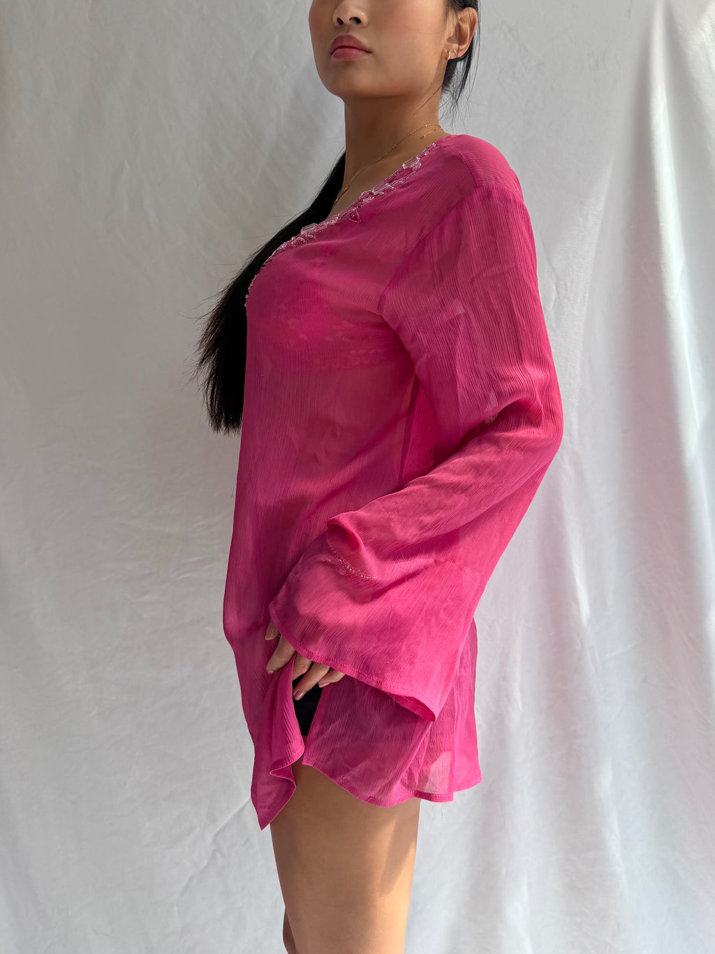 Vintage sheer pink embellished mini dress top