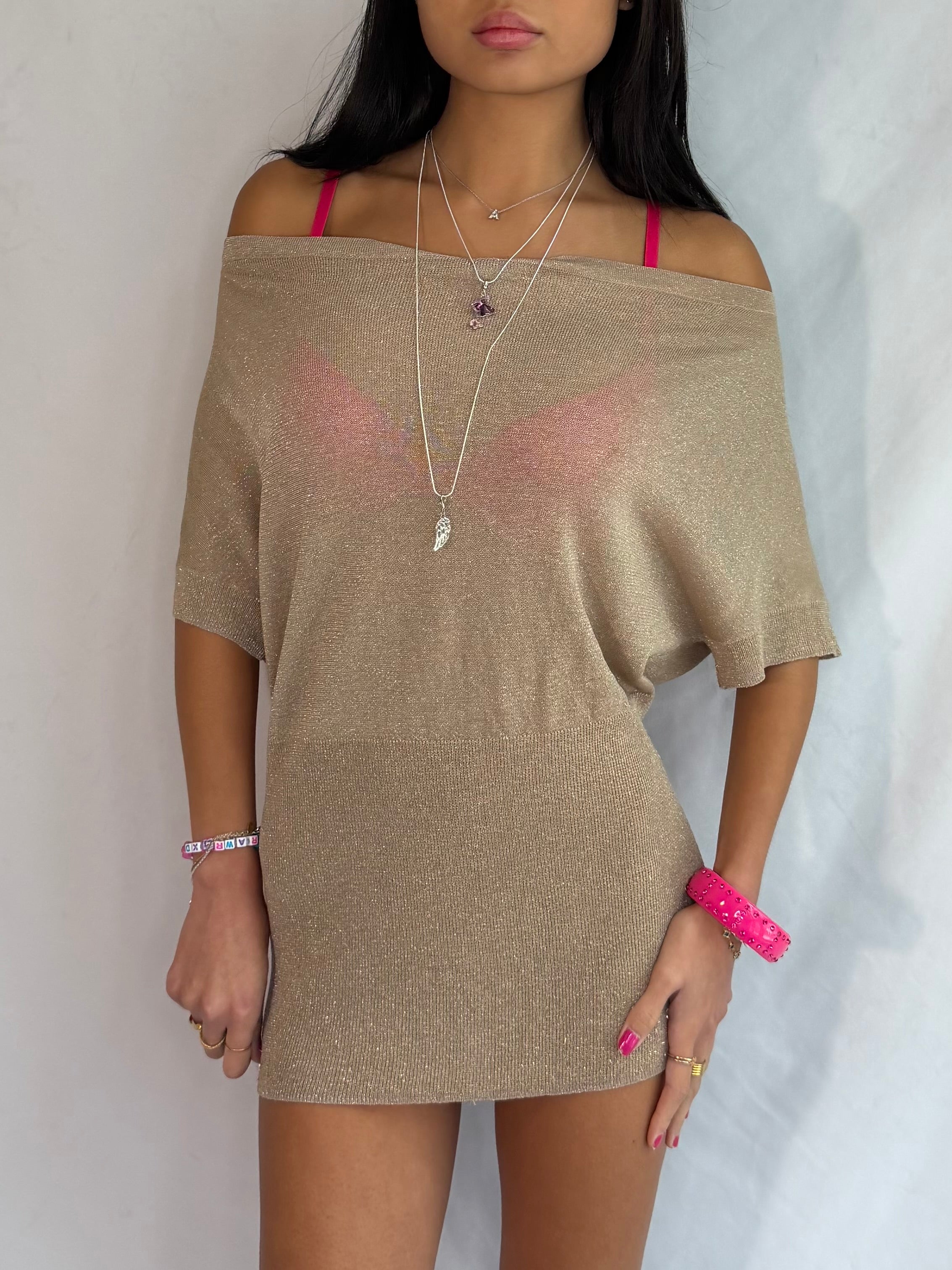 vintage gold off the shoulder mini dress .𖥔 ݁ ˖
