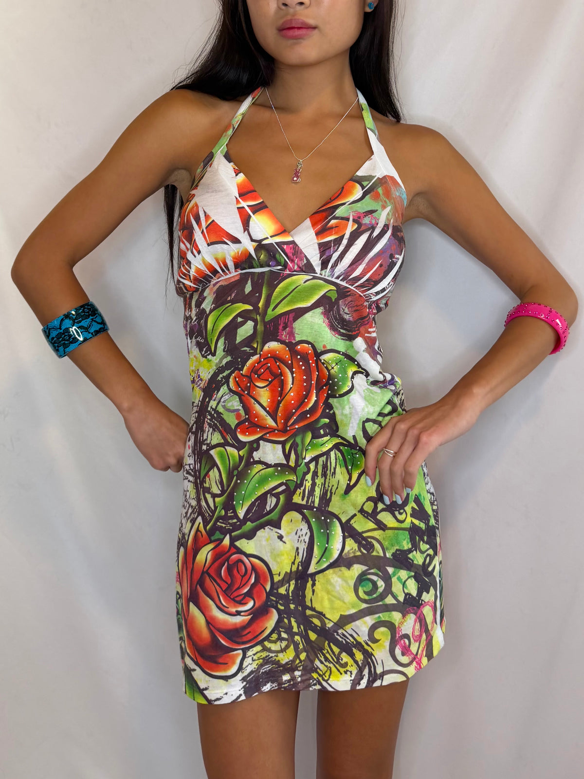 Vintage floral tattoo mini dress