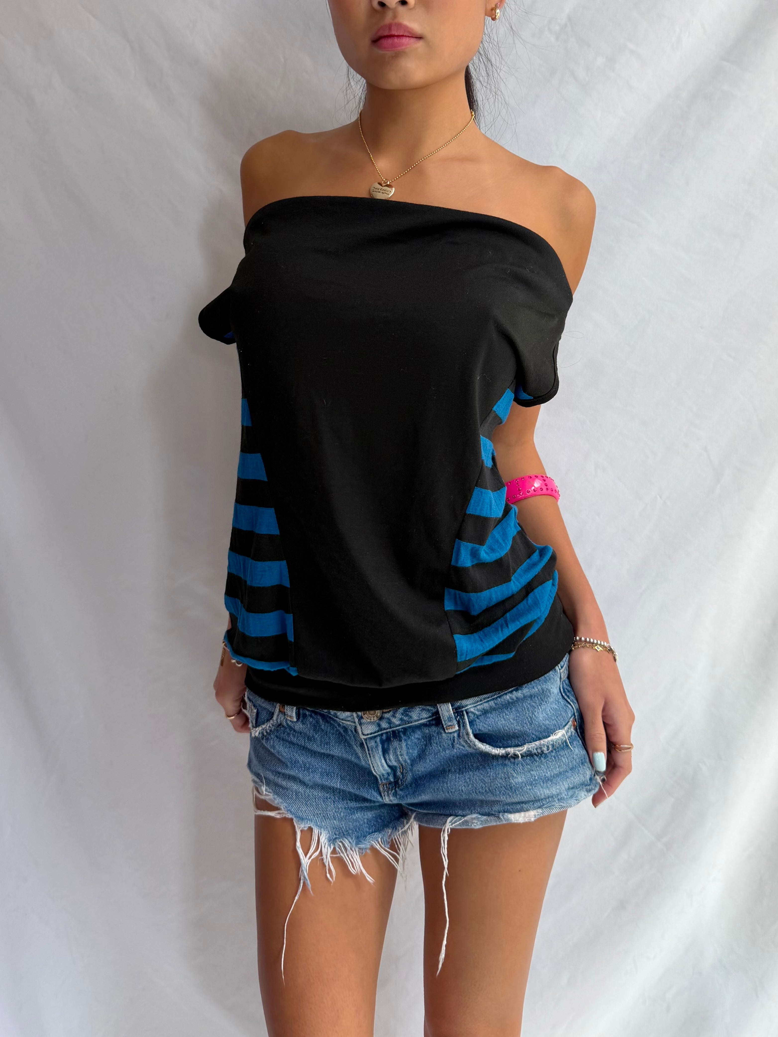 Vintage blue striped off the shoulder top
