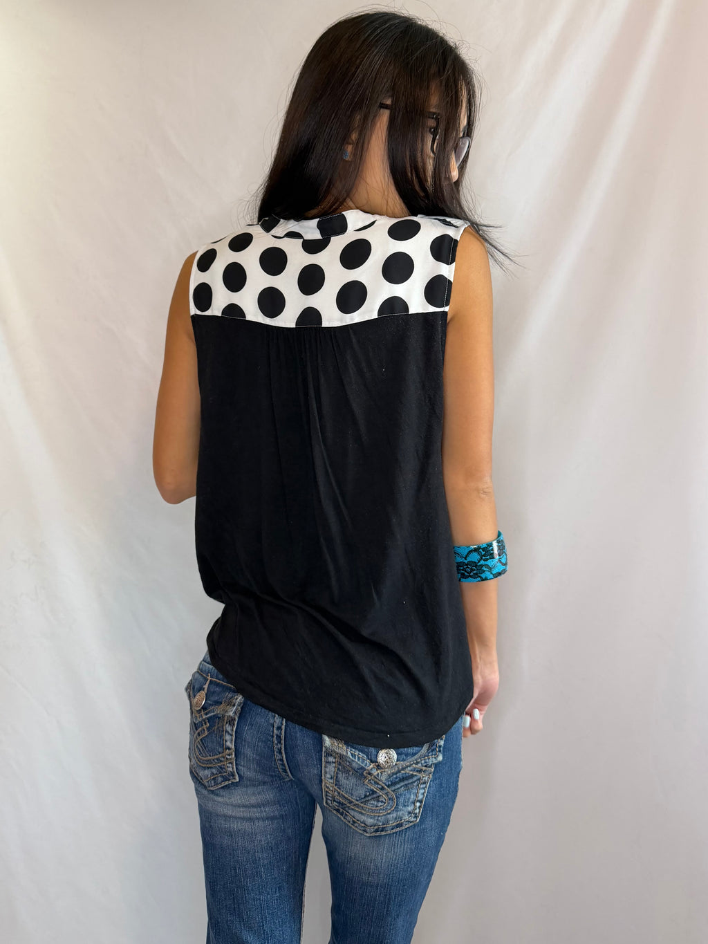 Vintage low draped polka dot top
