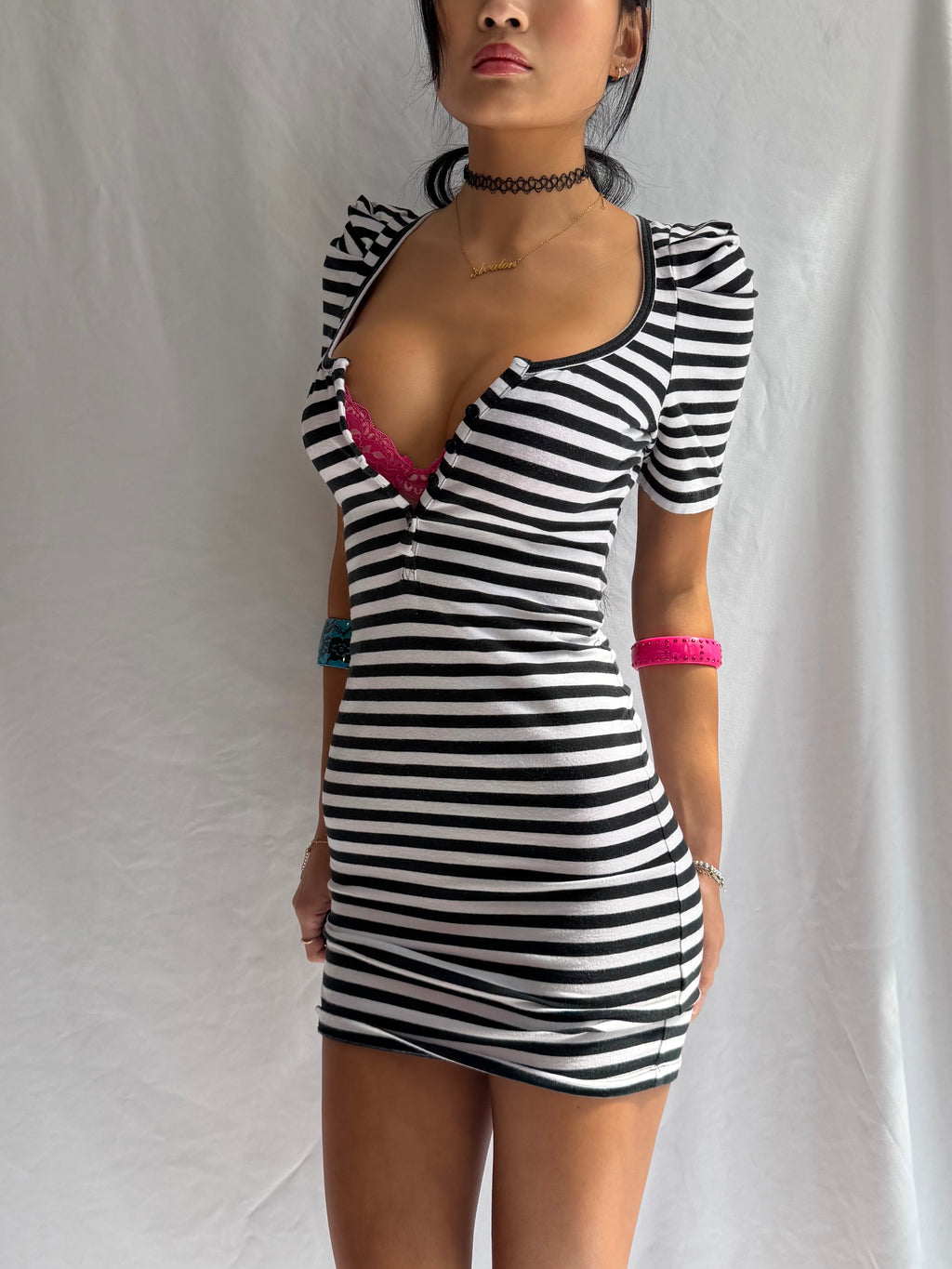 Vintage black & white striped fitted mini dress