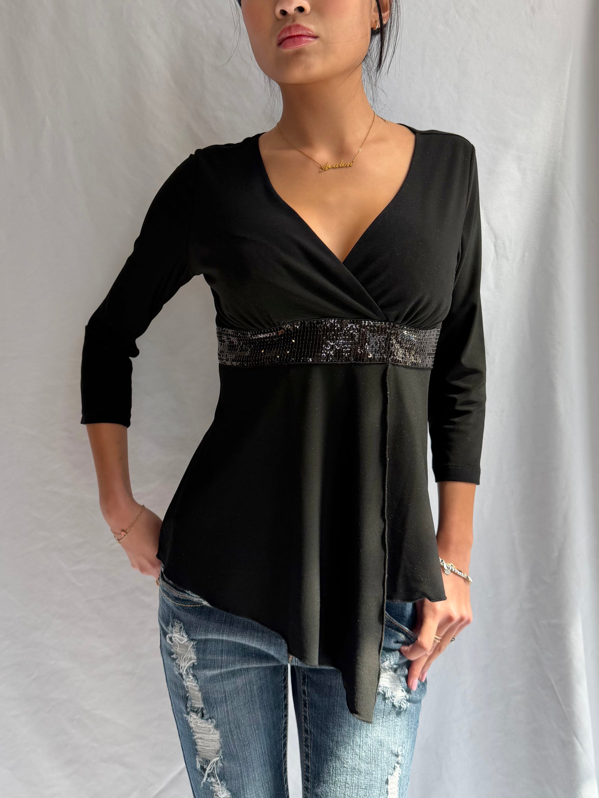 Vintage black sequin long sleeve top