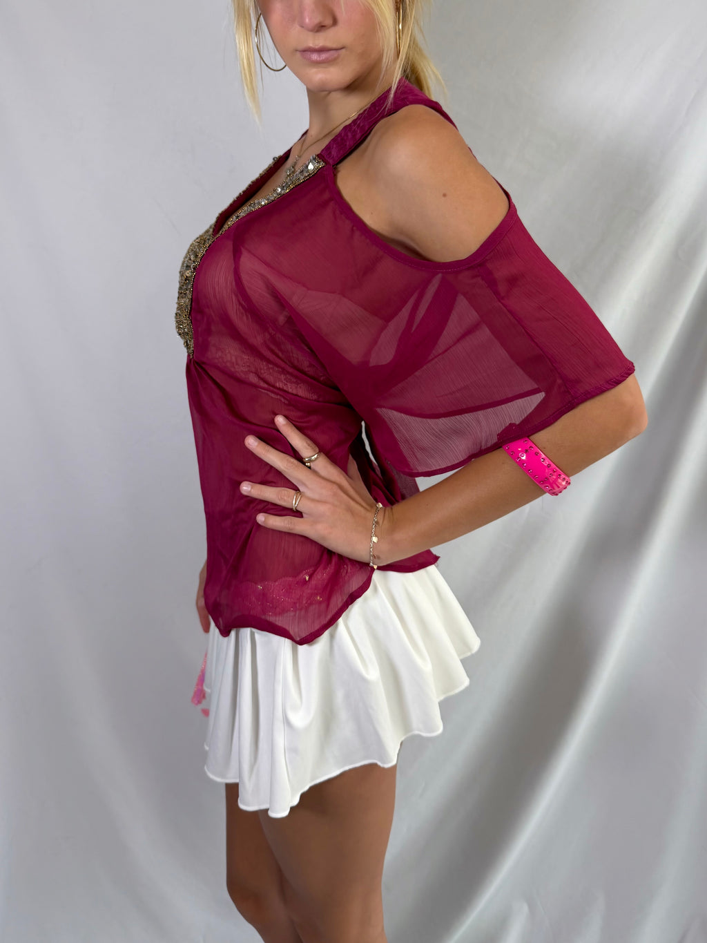 Vintage maroon sheer beaded top