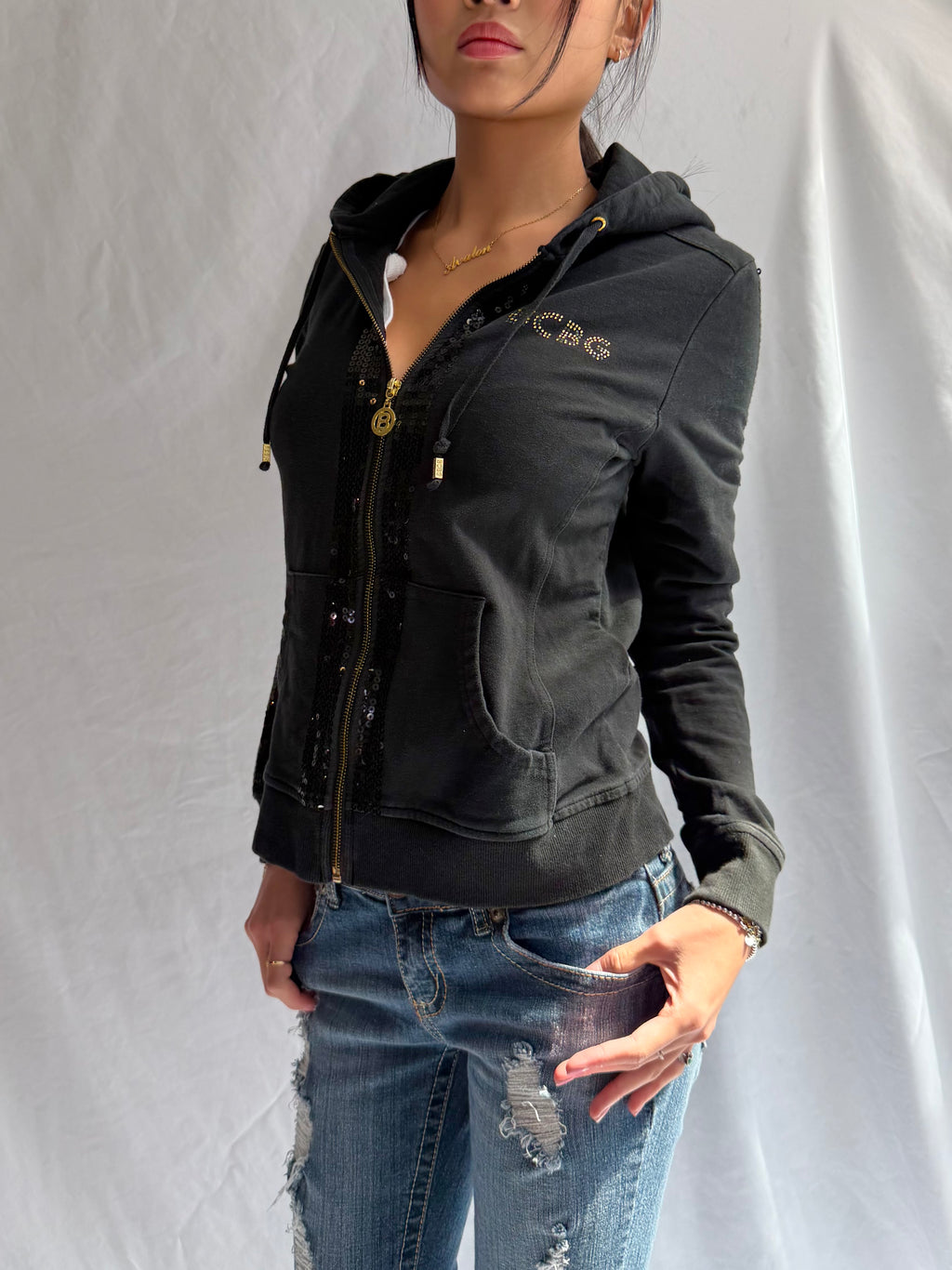 Vintage BCBG black sequin zip up hoodie