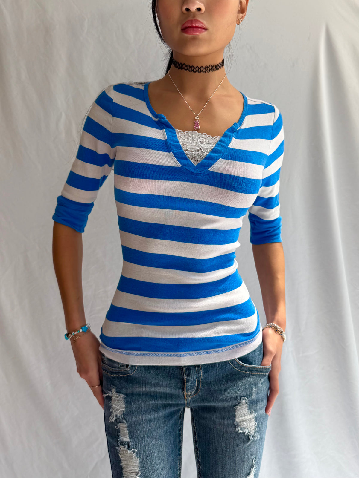Vintage blue striped v neck long sleeve top