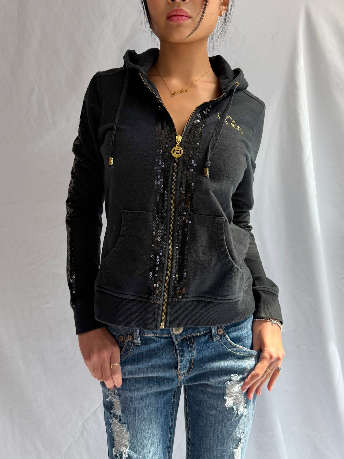 Vintage BCBG black sequin zip up hoodie