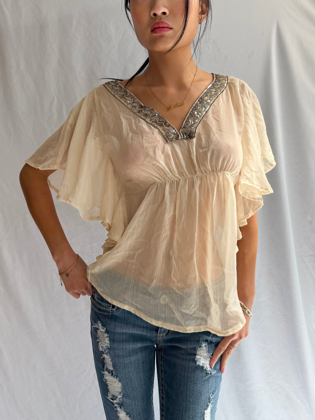 Vintage gold sequin flowy top