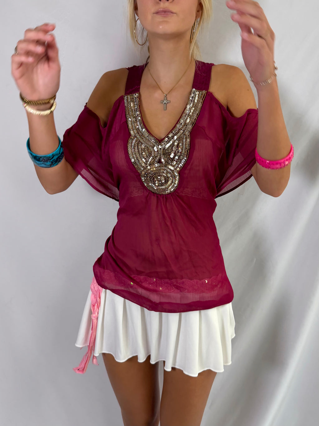 Vintage maroon sheer beaded top