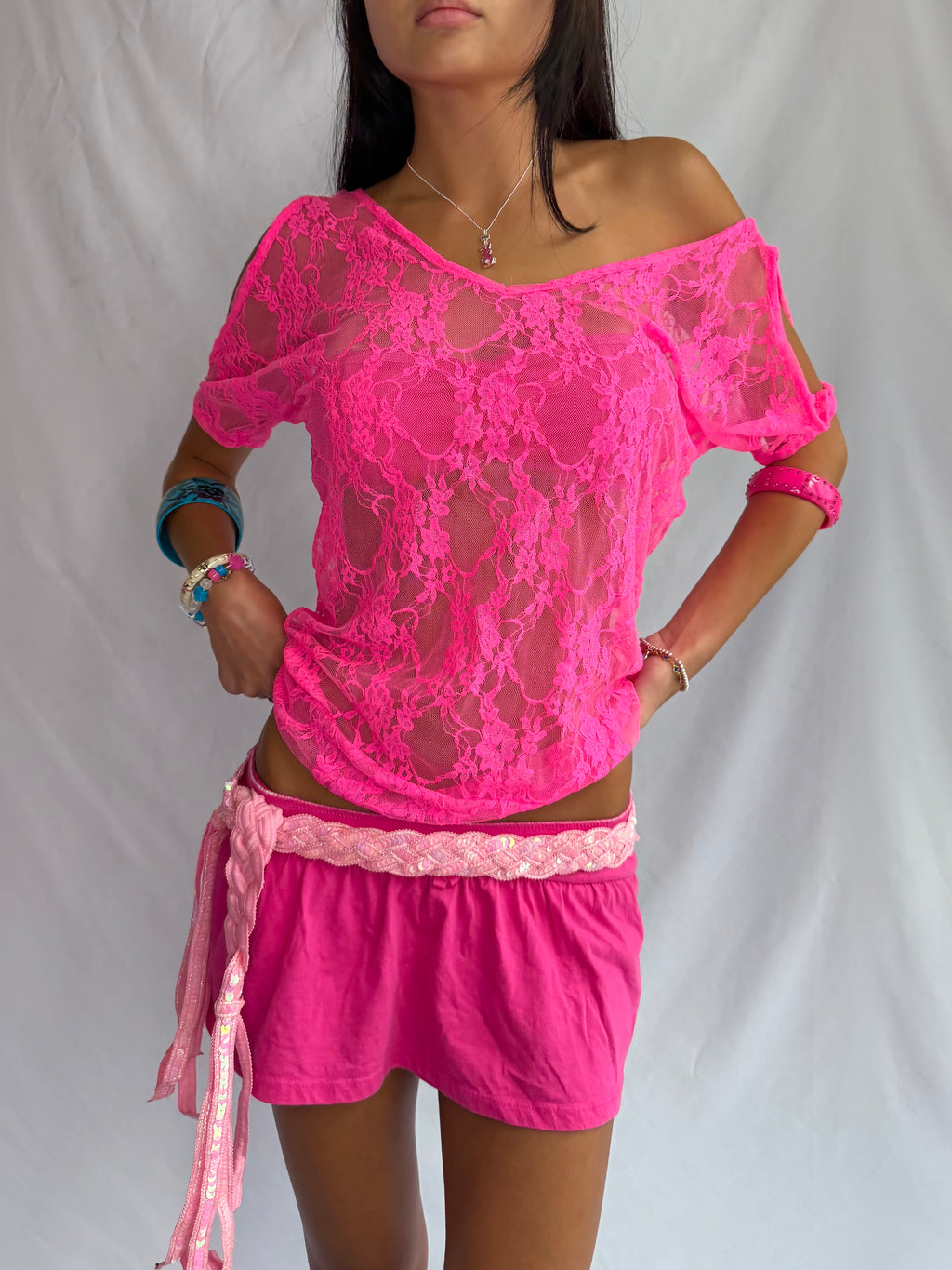 Vintage hot pink lace off the shoulder top