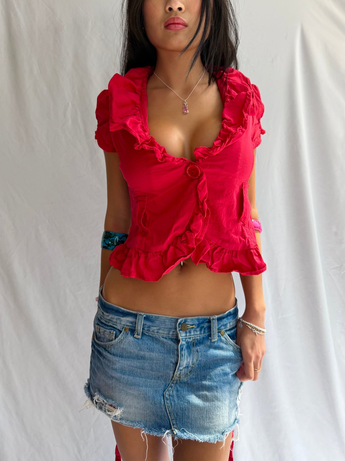 Vintage red ruffled button top