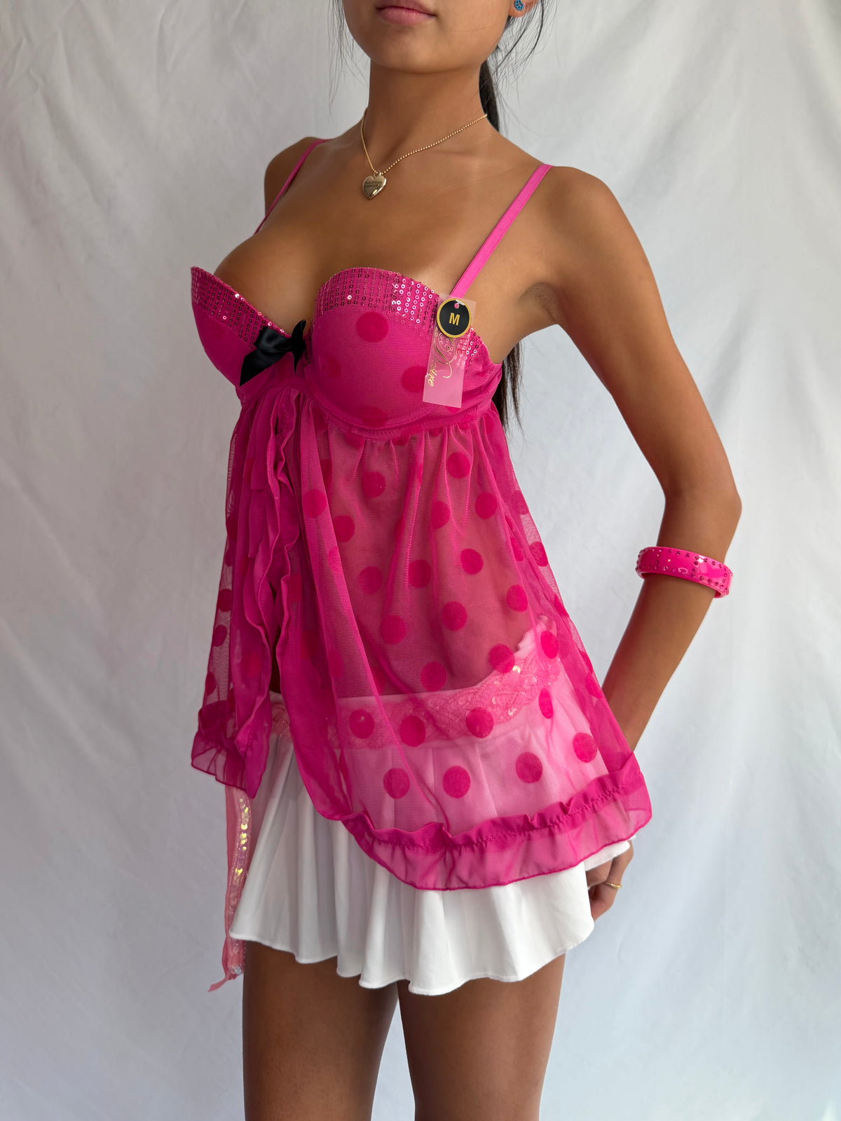 Vintage pink polka dot babydoll cami top