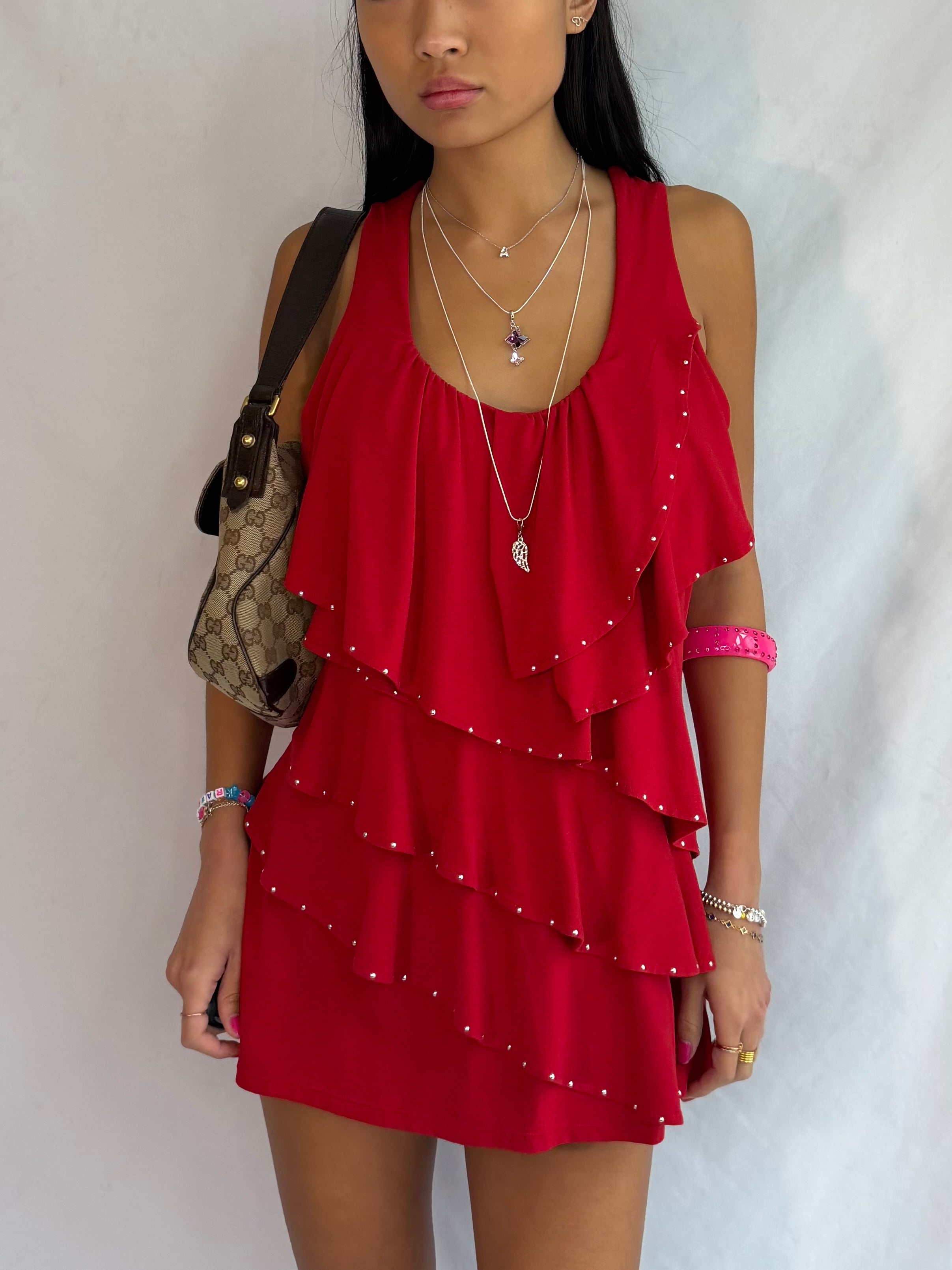 vintage red ruffle mini dress .𖥔 ݁ ˖