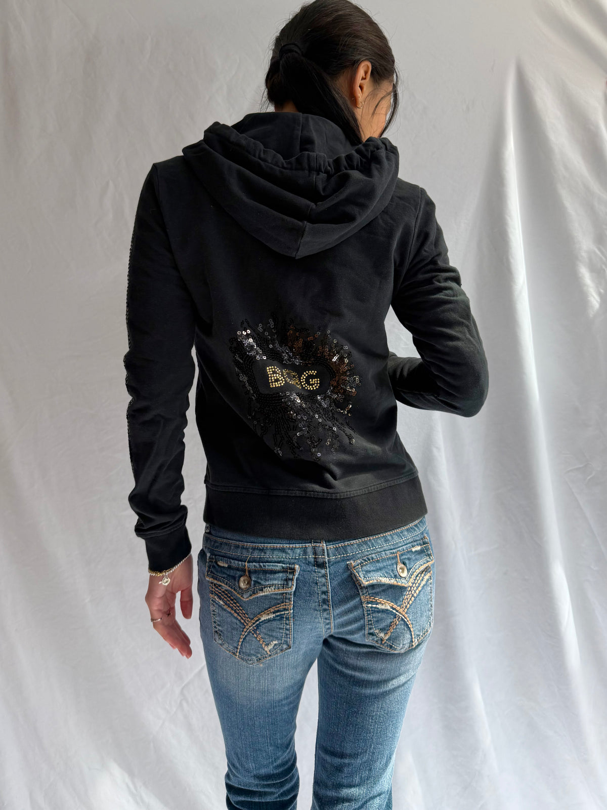 Vintage BCBG black sequin zip up hoodie