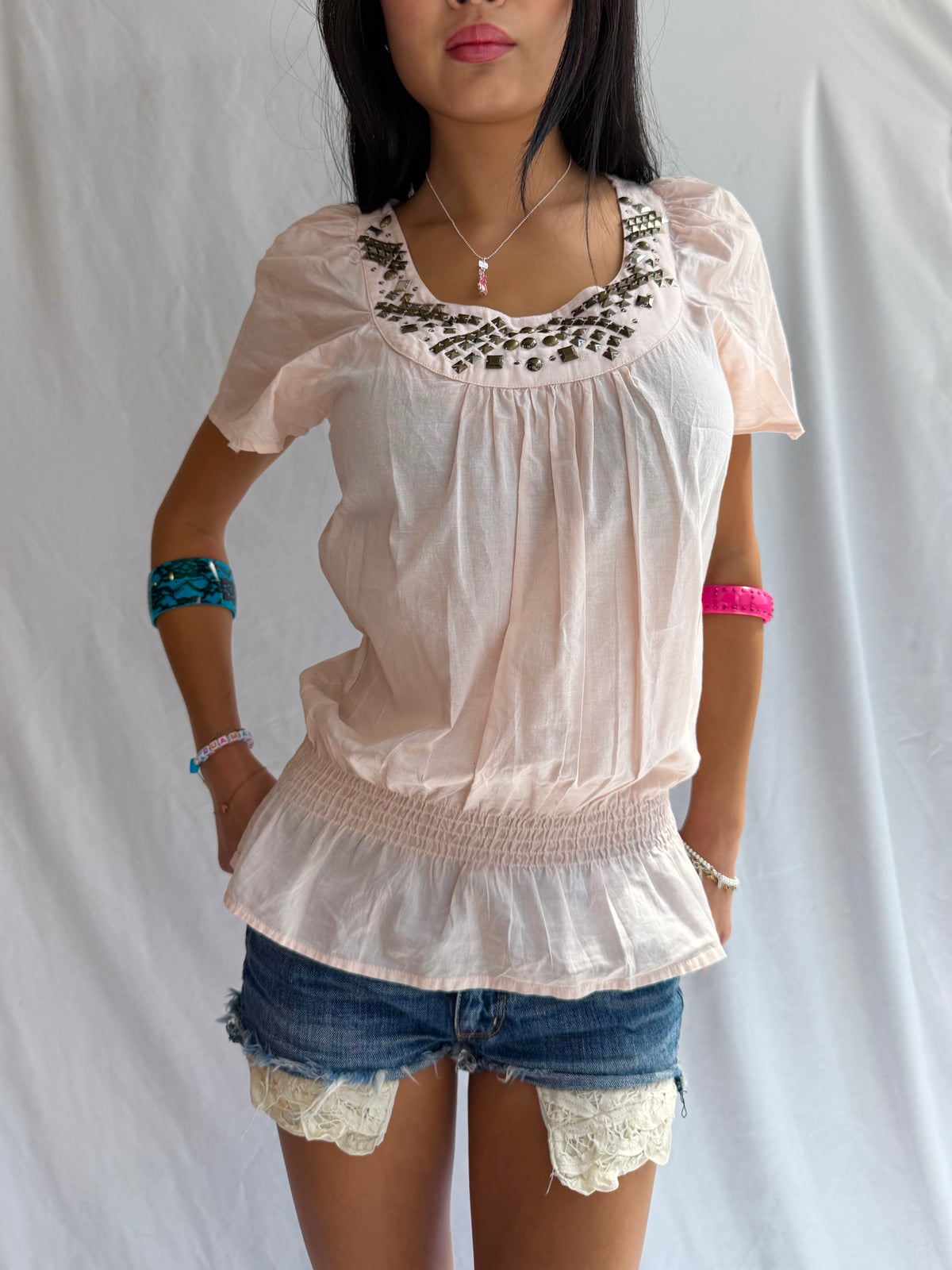 Vintage pink studded babydoll top