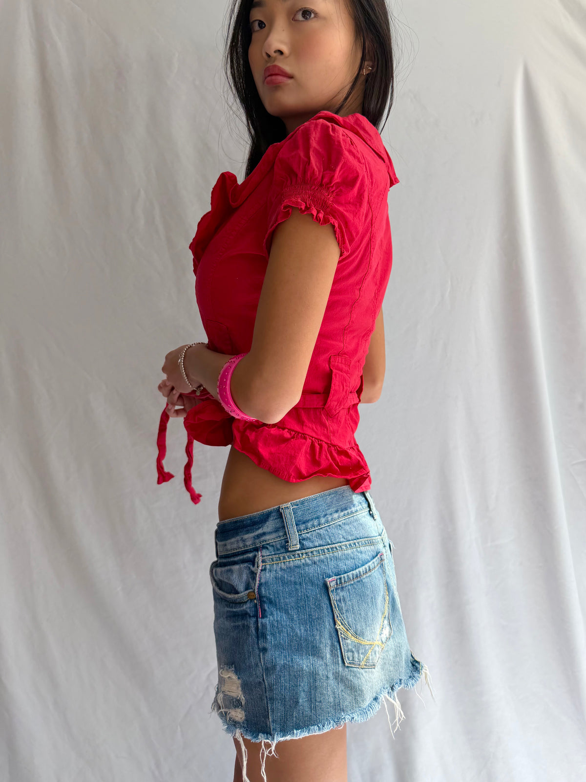 Vintage red ruffled button top