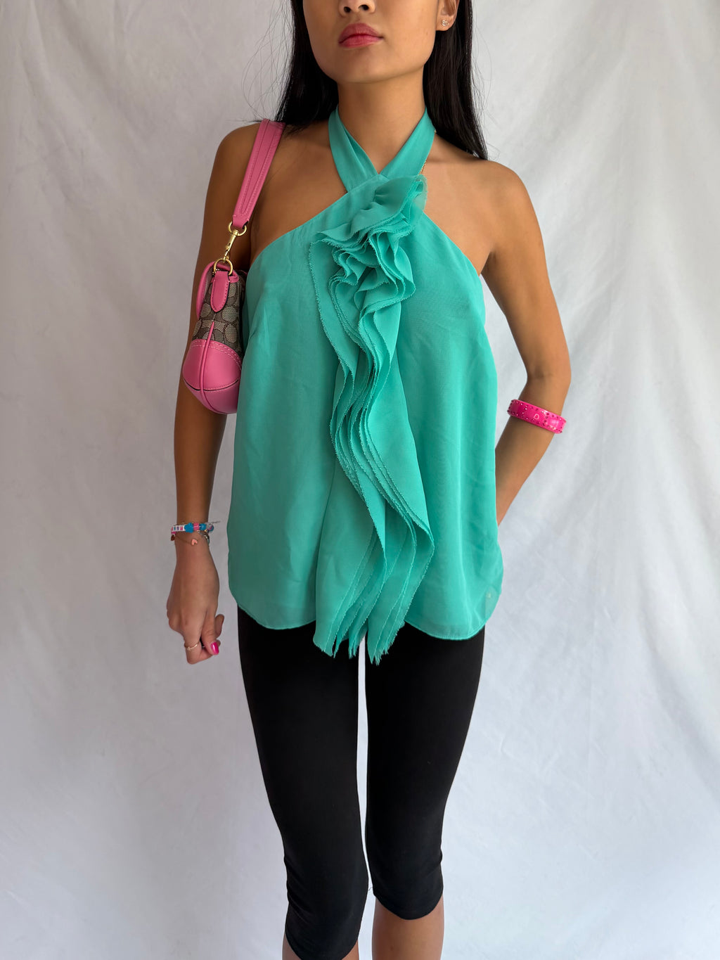 vintage teal ruffle halter top ⋆˙⟡