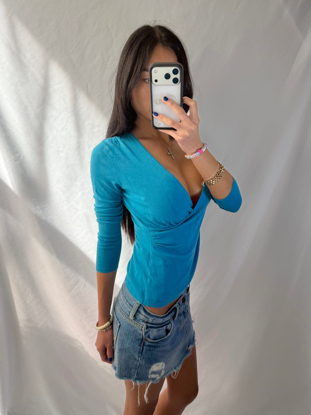 Vintage turquoise v neck long sleeve top