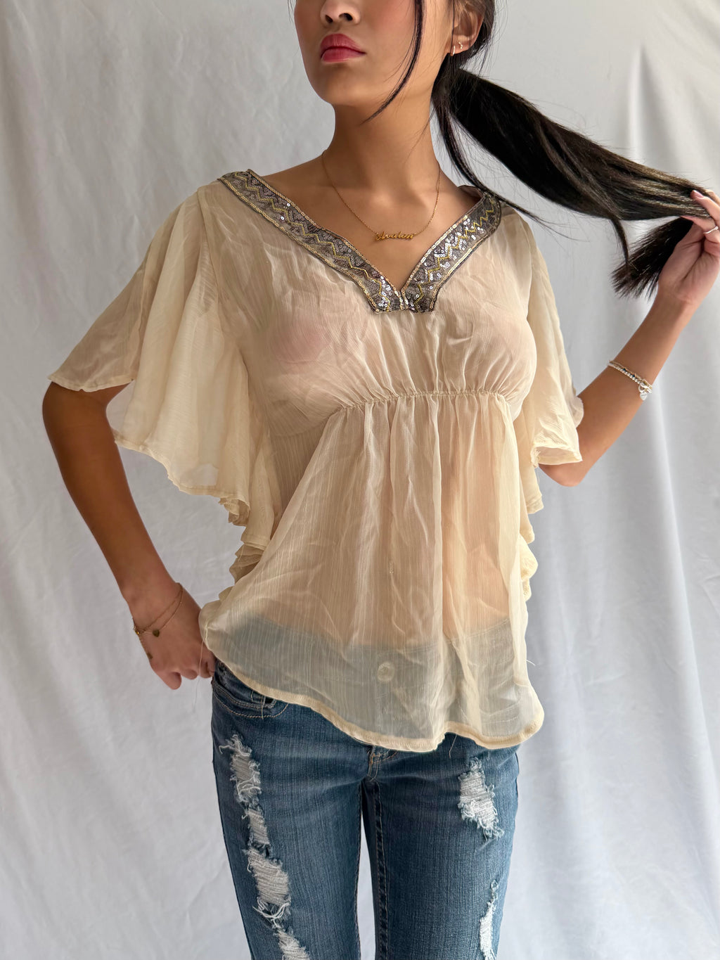 Vintage gold sequin flowy top