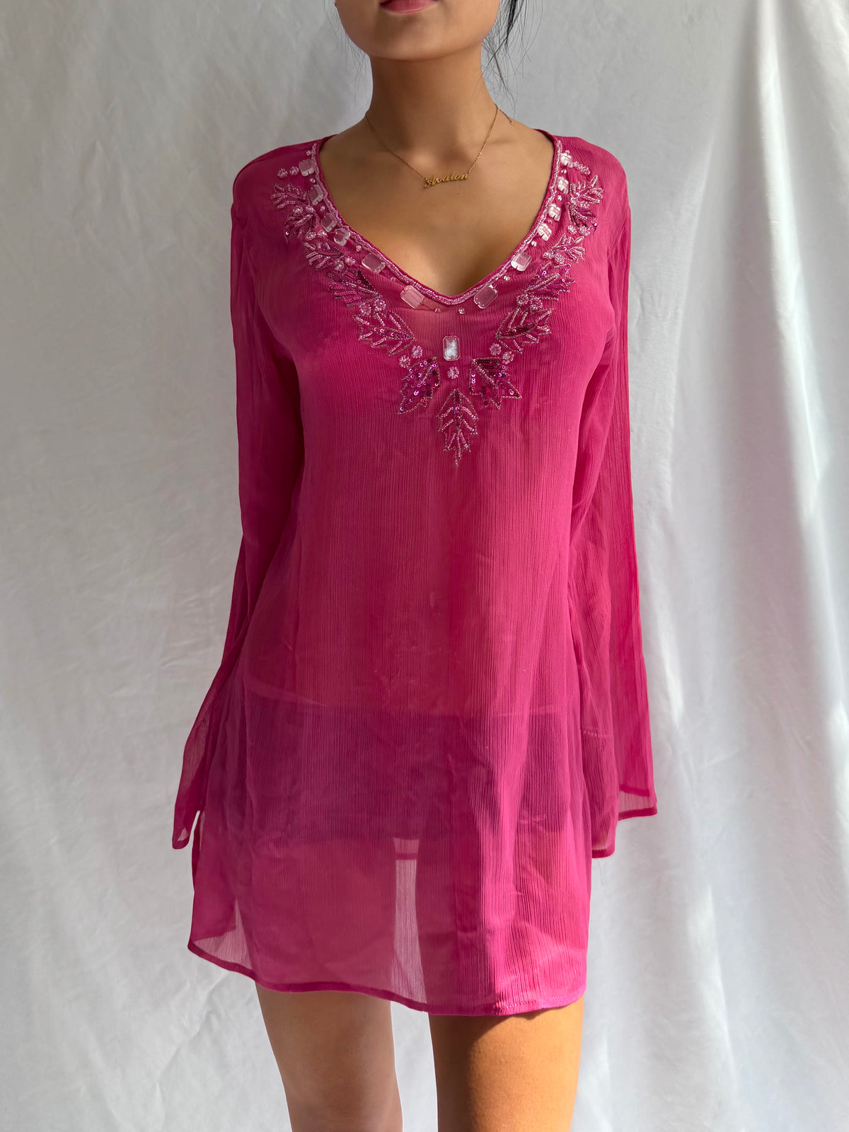Vintage sheer pink embellished mini dress top