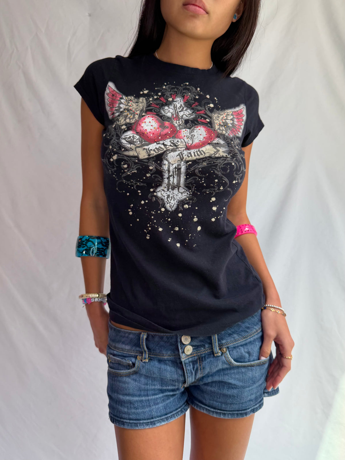Vintage black rhinestone cross top