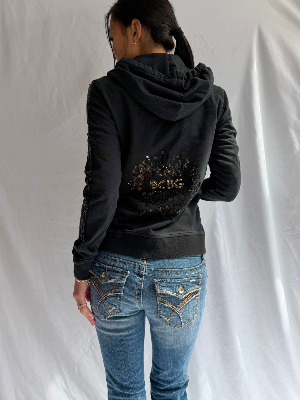 Vintage BCBG black sequin zip up hoodie