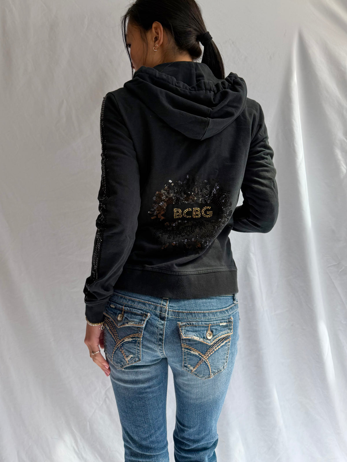 Vintage BCBG black sequin zip up hoodie