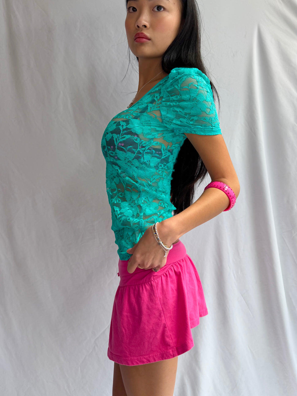 Vintage teal sheer lace top