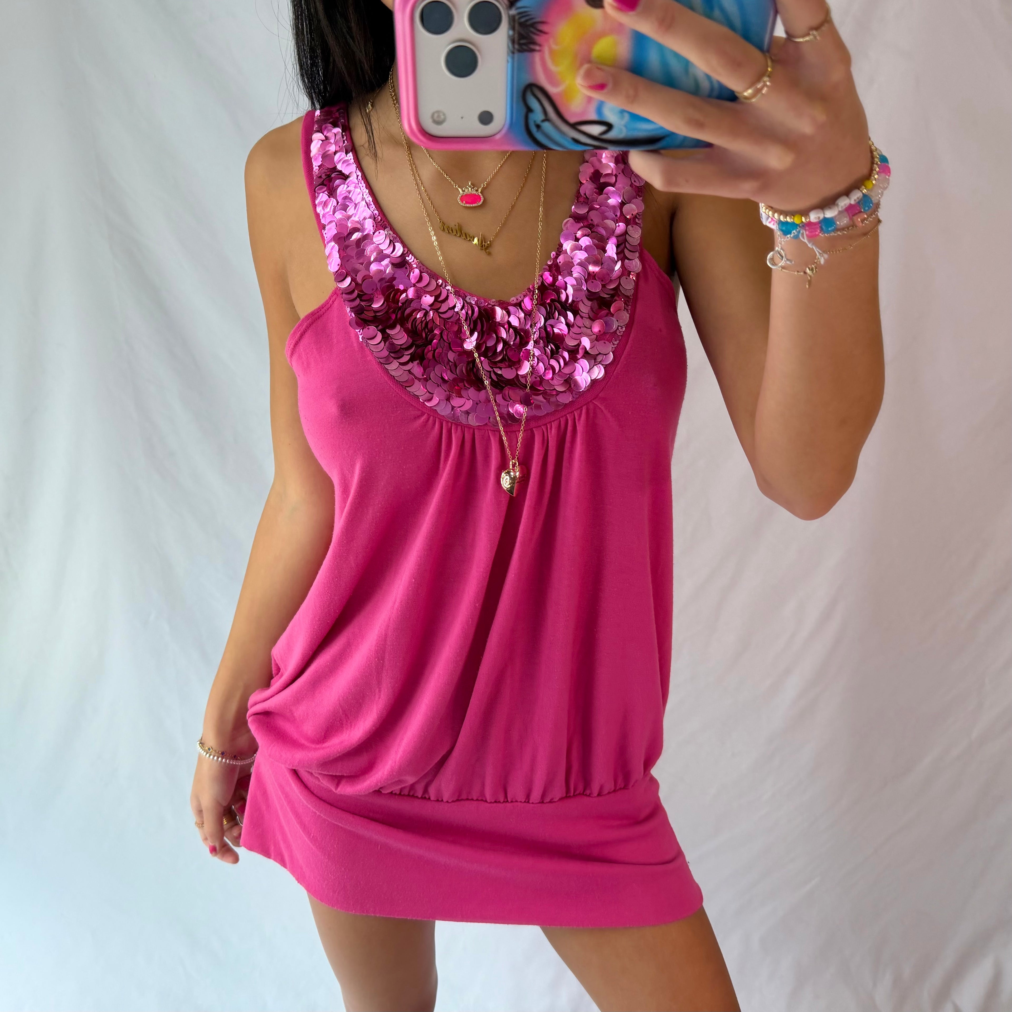 vintage hot pink sequin mini dress .𖥔 ݁ ˖