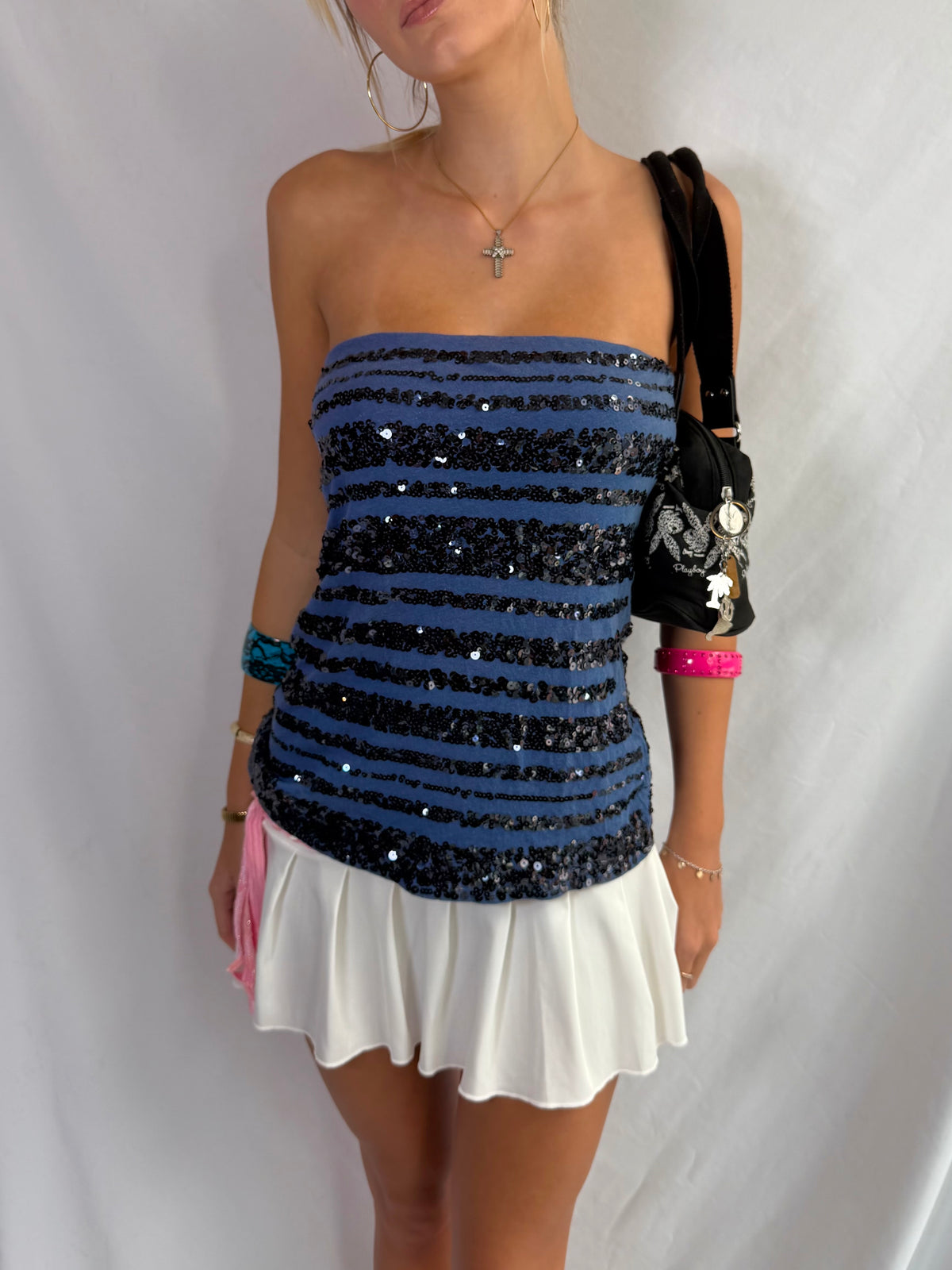 Vintage navy sequin strapless top