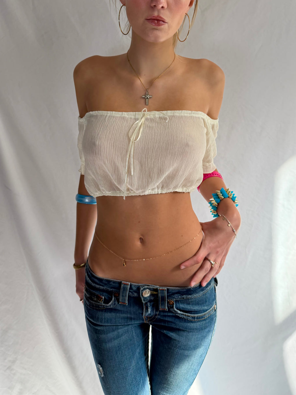Vintage cream off the shoulder sheer crop top