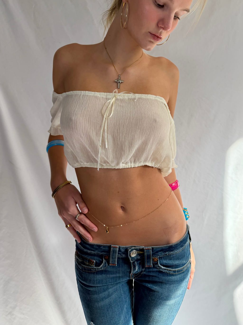 Vintage cream off the shoulder sheer crop top