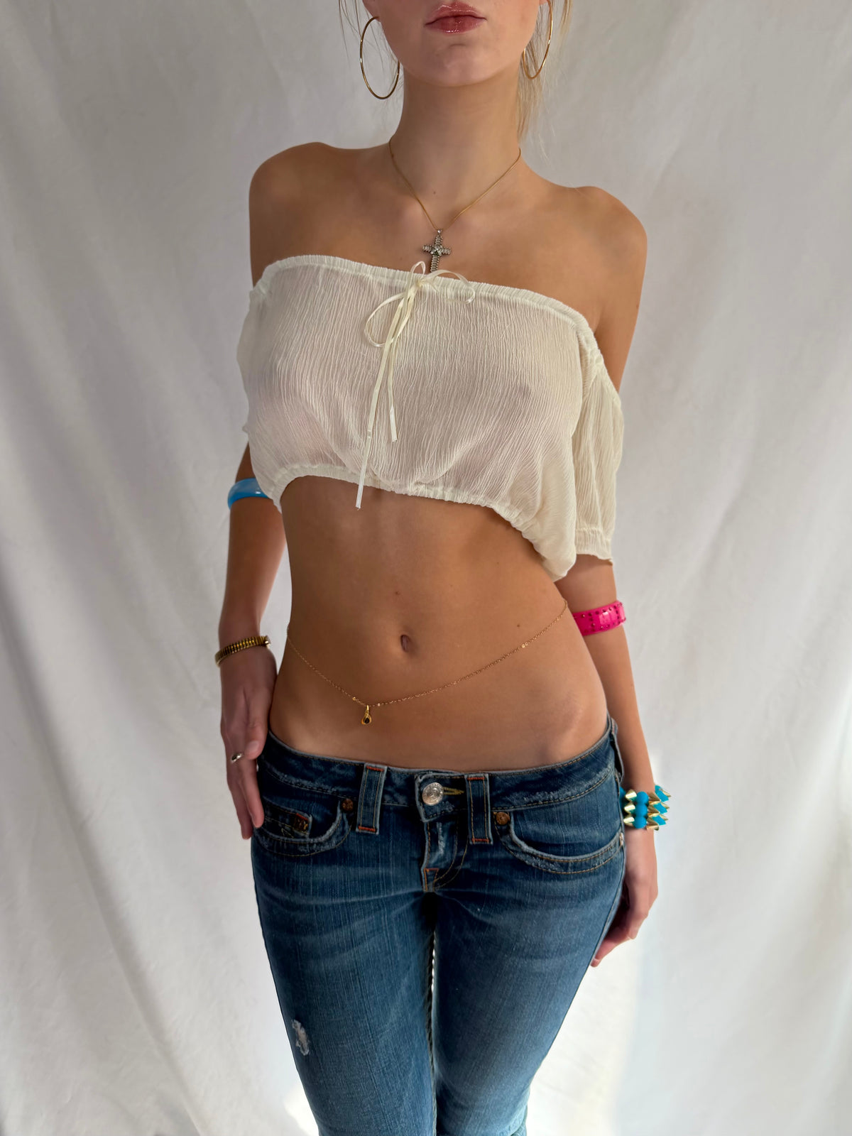 Vintage cream off the shoulder sheer crop top