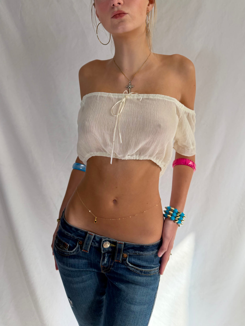 Vintage cream off the shoulder sheer crop top