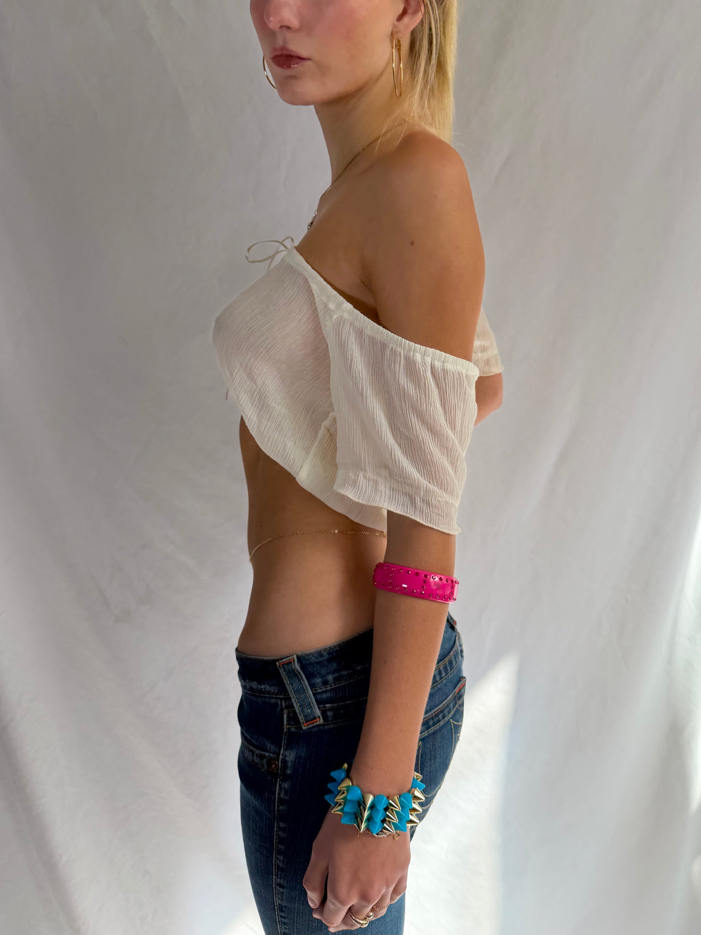 Vintage cream off the shoulder sheer crop top