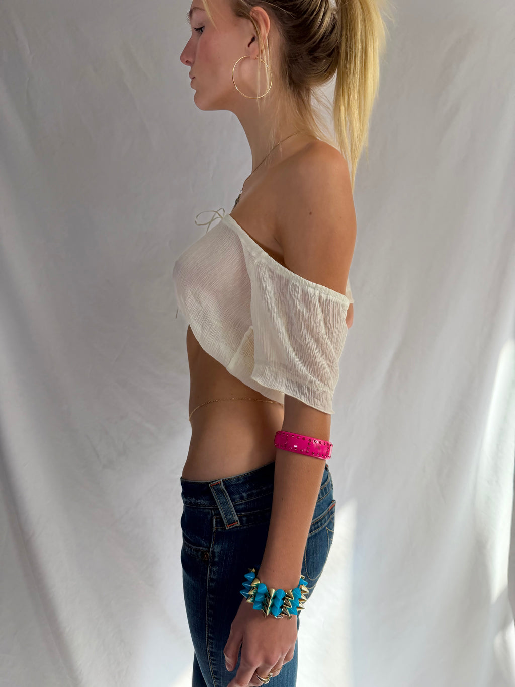 Vintage cream off the shoulder sheer crop top