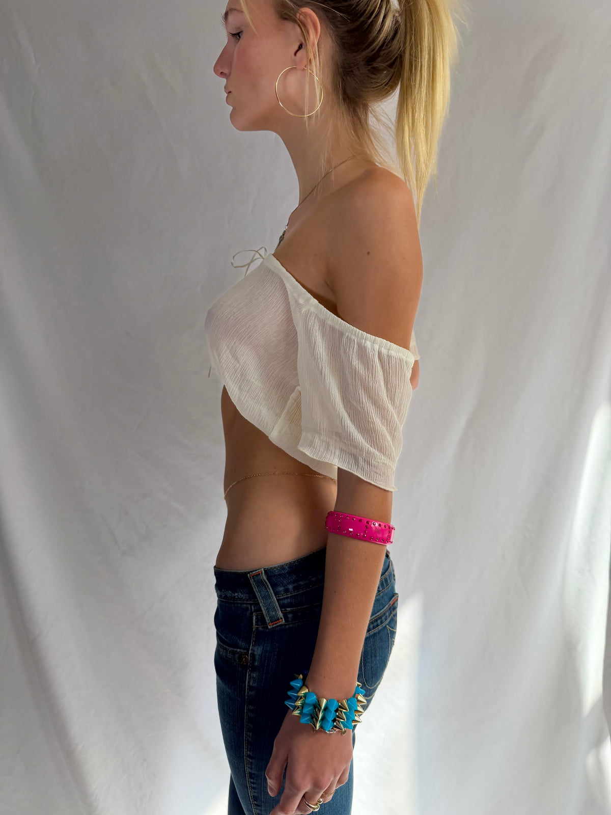 Vintage cream off the shoulder sheer crop top