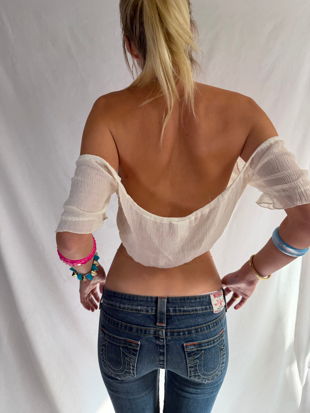 Vintage cream off the shoulder sheer crop top