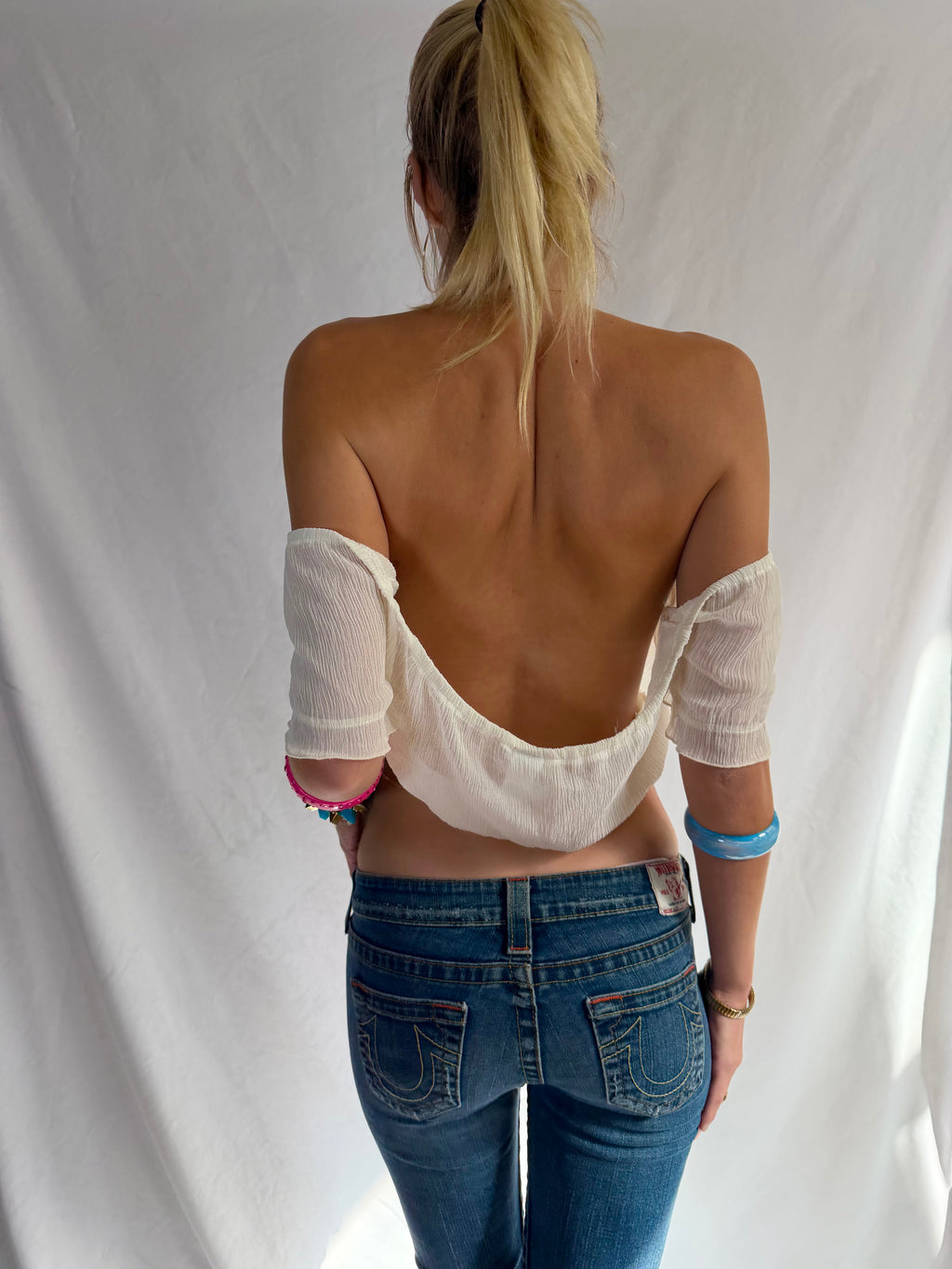 Vintage cream off the shoulder sheer crop top