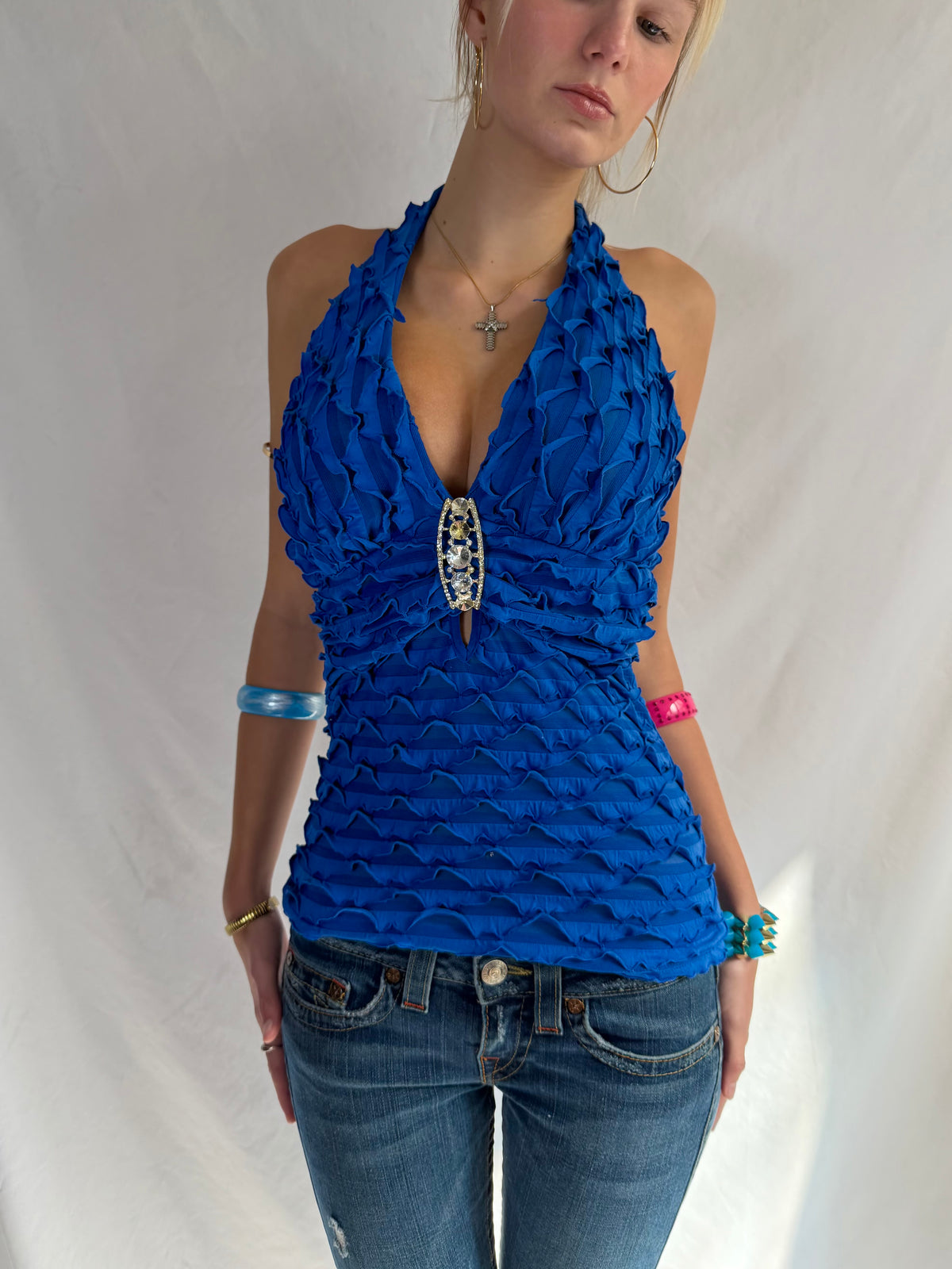 Vintage blue embellished halter top