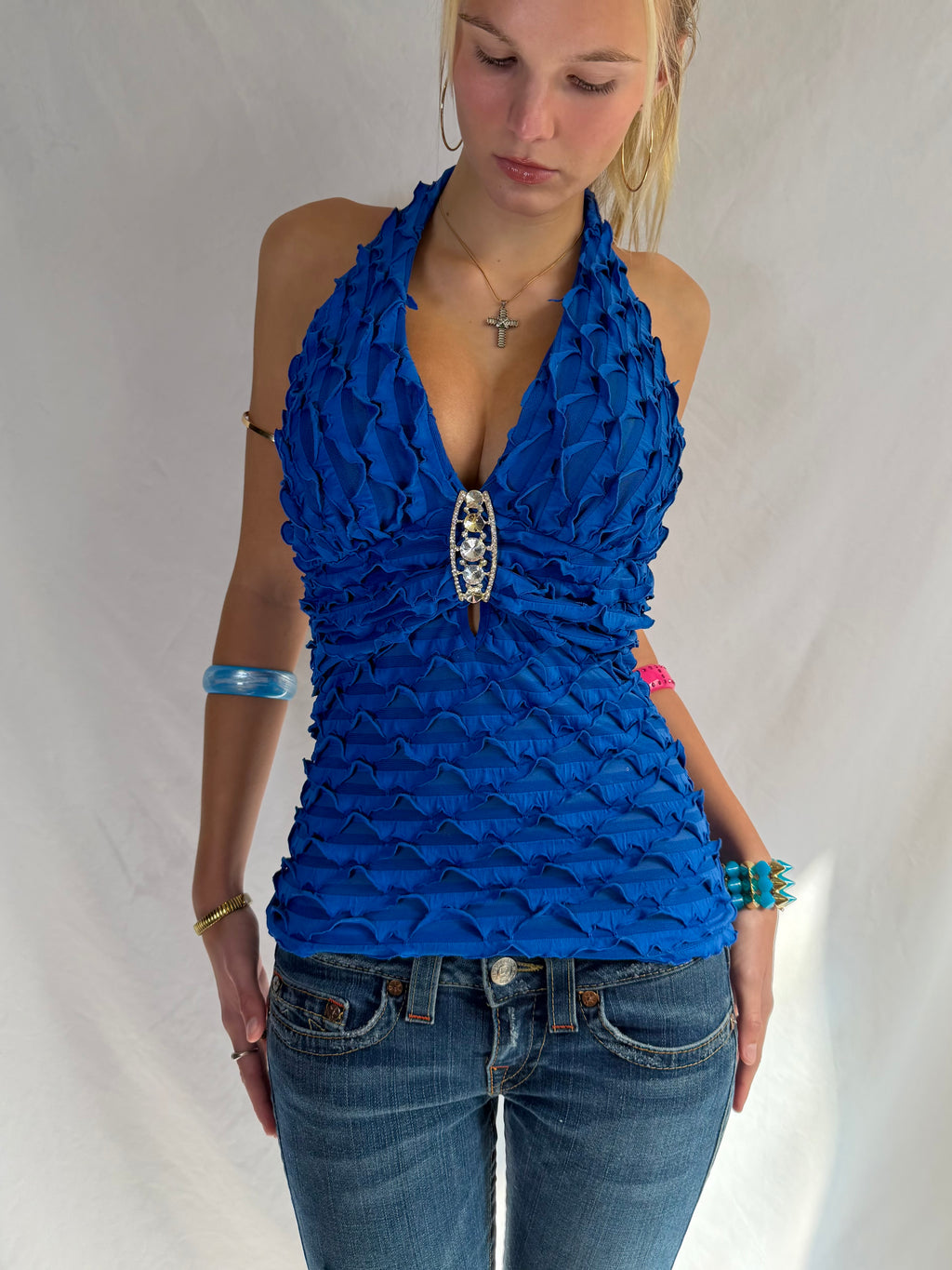 Vintage blue embellished halter top