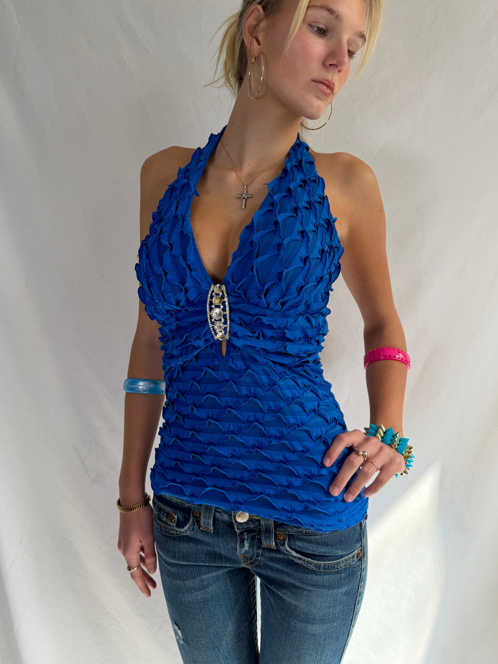 Vintage blue embellished halter top