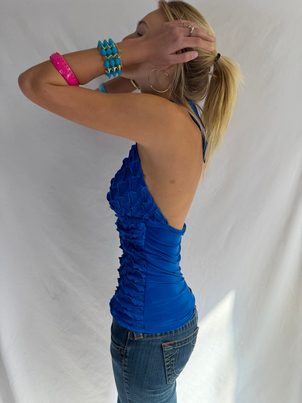 Vintage blue embellished halter top