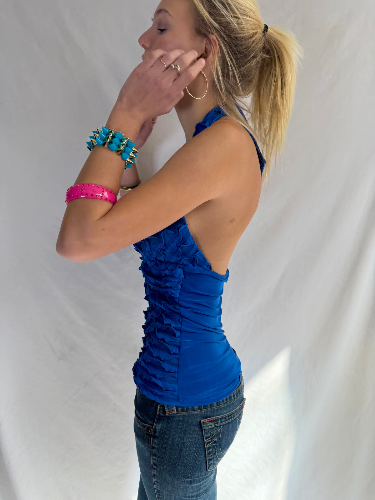 Vintage blue embellished halter top