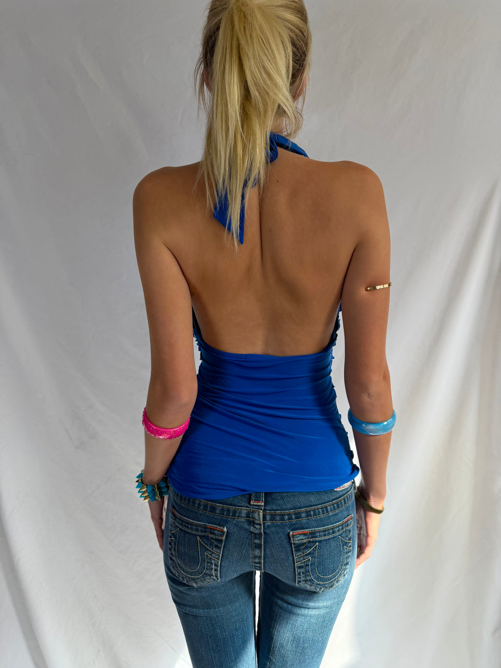 Vintage blue embellished halter top